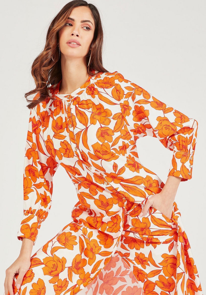 Floral Print Longline Tunic with Front Slit and Long Sleeves-Tunics-image-0