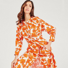 Floral Print Longline Tunic with Front Slit and Long Sleeves