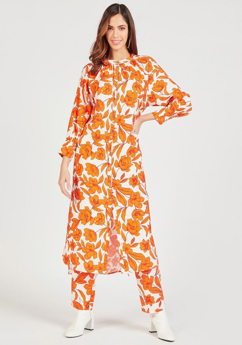 Floral Print Longline Tunic with Front Slit and Long Sleeves-Tunics-image-1