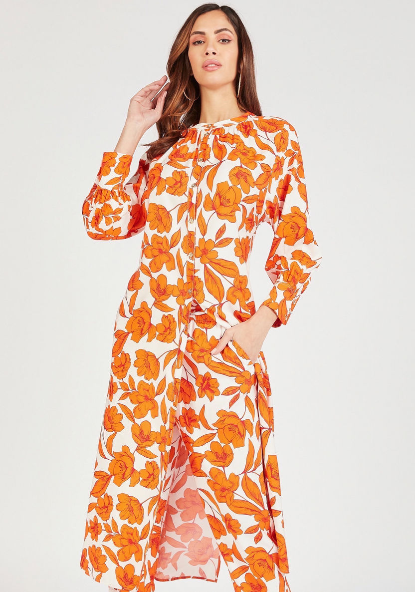 Floral Print Longline Tunic with Front Slit and Long Sleeves-Tunics-image-2