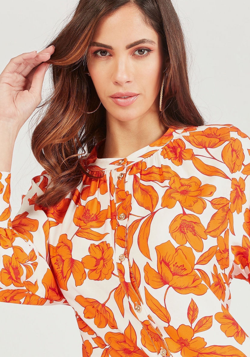 Floral Print Longline Tunic with Front Slit and Long Sleeves-Tunics-image-4