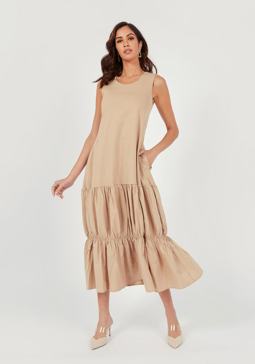 Solid Sleeveless A-line Maxi Dress with Tiers and Round Neck-Dresses-image-0