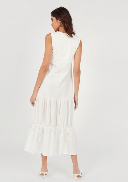 Solid Sleeveless A-line Maxi Dress with Tiers and Round Neck-Dresses-image-3
