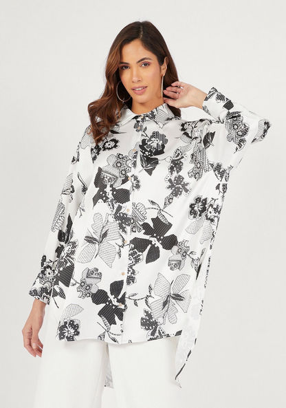 Floral Print Oversized Shirt with High-Low Hem and Long Sleeves-Shirts & Blouses-image-0