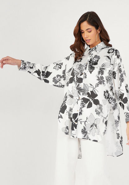 Floral Print Oversized Shirt with High-Low Hem and Long Sleeves-Shirts & Blouses-image-4