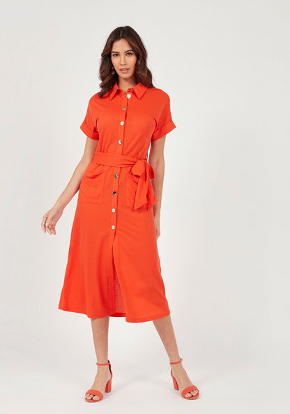 Solid Midi Shirt Dress with Belt Tie-Up and Pockets-Dresses-image-0
