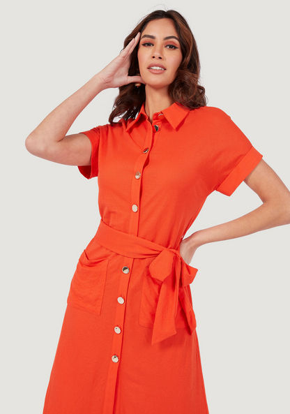 Solid Midi Shirt Dress with Belt Tie-Up and Pockets-Dresses-image-1