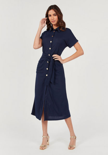Solid Midi Shirt Dress with Belt Tie-Up and Pockets-Dresses-image-0