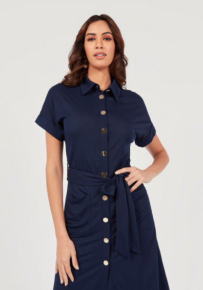 Solid Midi Shirt Dress with Belt Tie-Up and Pockets-Dresses-image-1