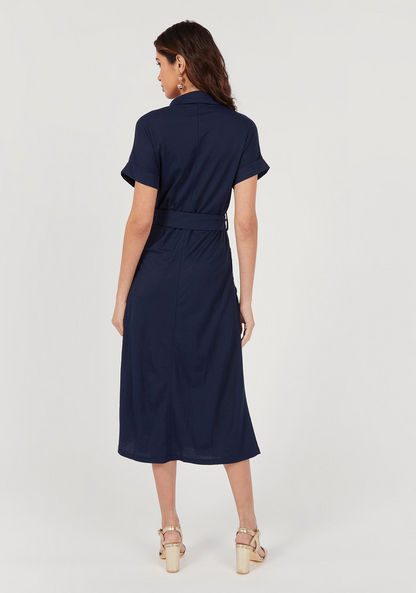 Solid Midi Shirt Dress with Belt Tie-Up and Pockets-Dresses-image-3
