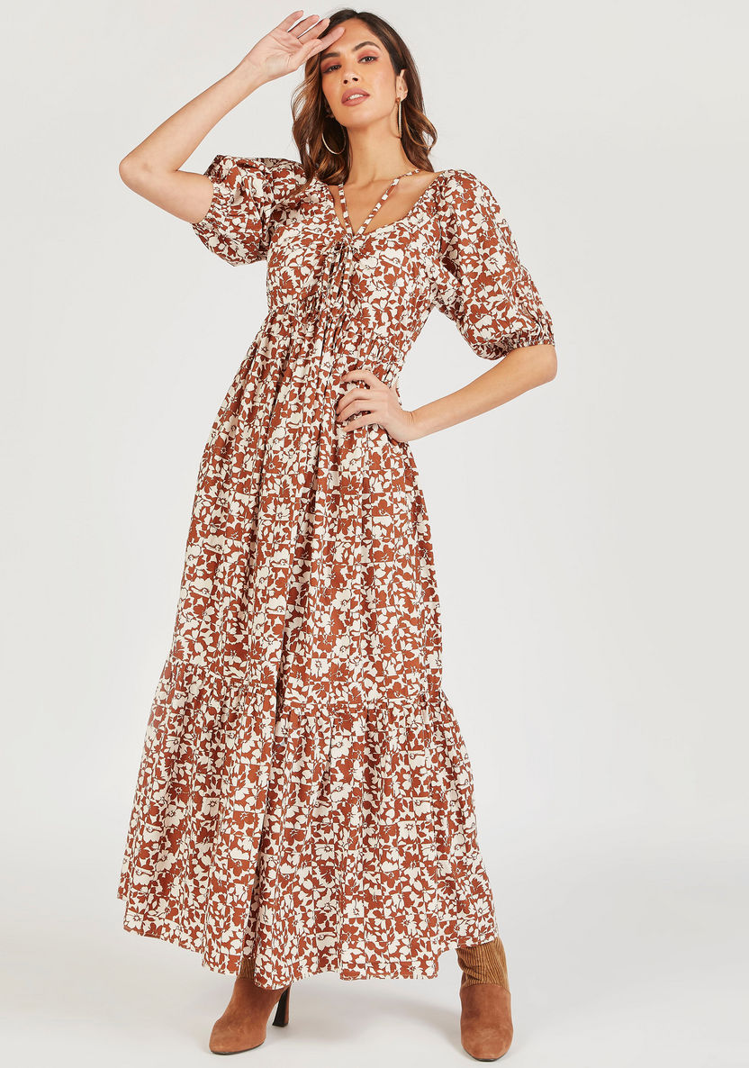 Floral Print Maxi A-line Dress with Puff Sleeves and Pockets-Dresses-image-0