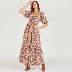 Floral Print Maxi A-line Dress with Puff Sleeves and Pockets