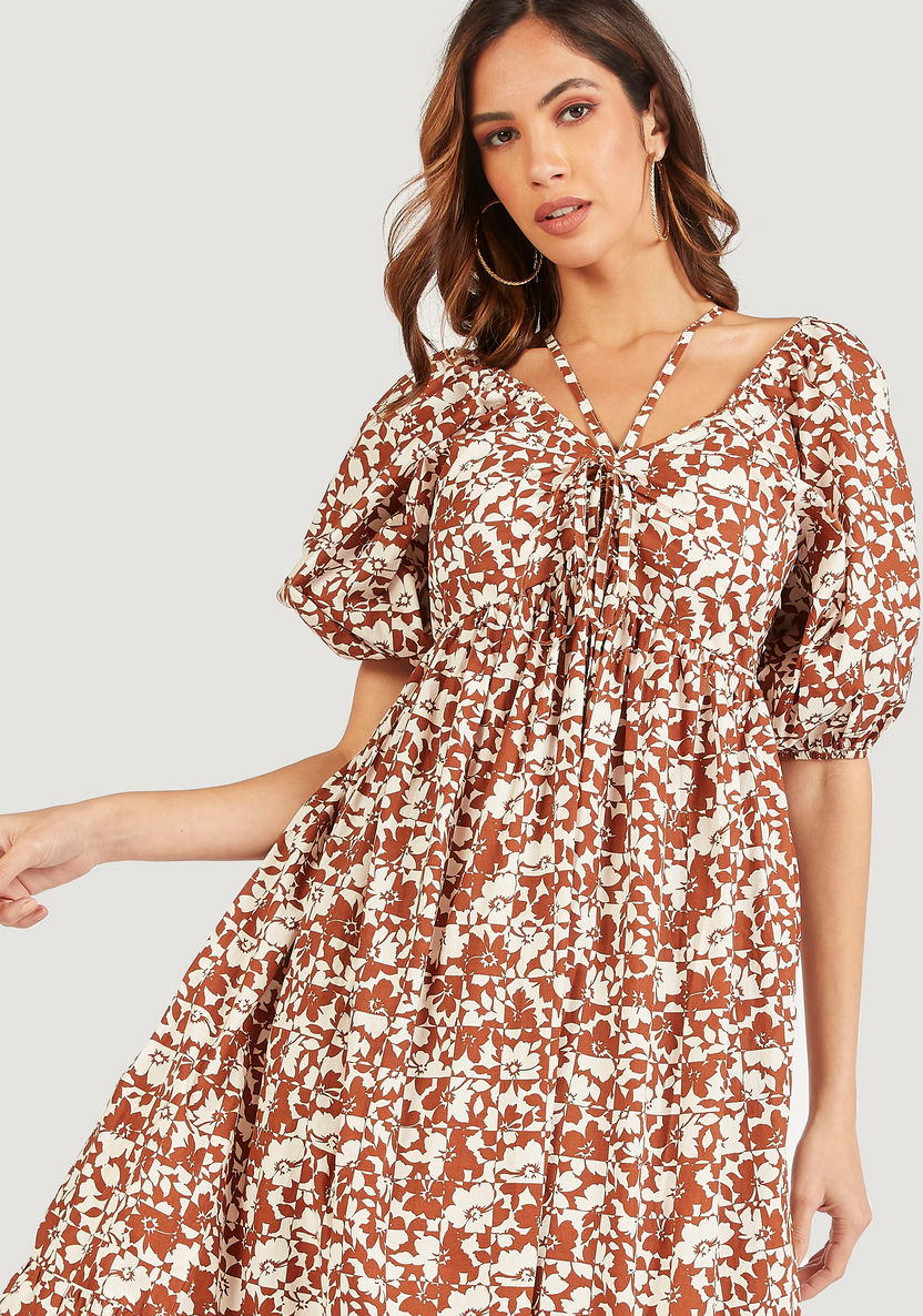 Floral Print Maxi A-line Dress with Puff Sleeves and Pockets-Dresses-image-1