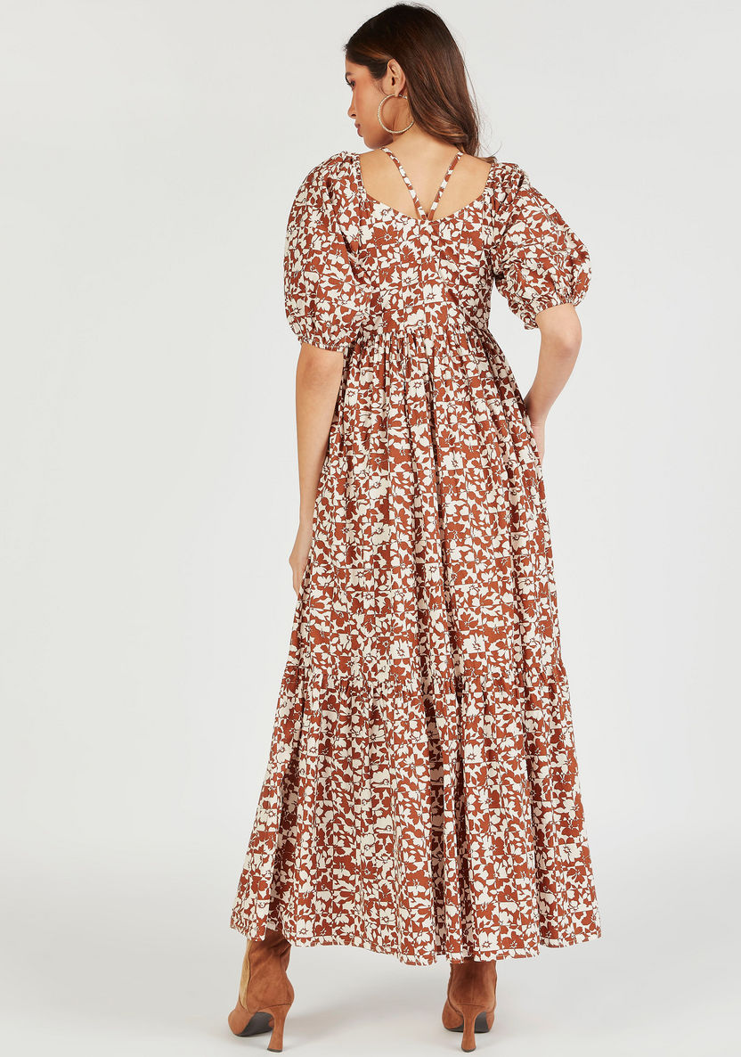 Floral Print Maxi A-line Dress with Puff Sleeves and Pockets-Dresses-image-3
