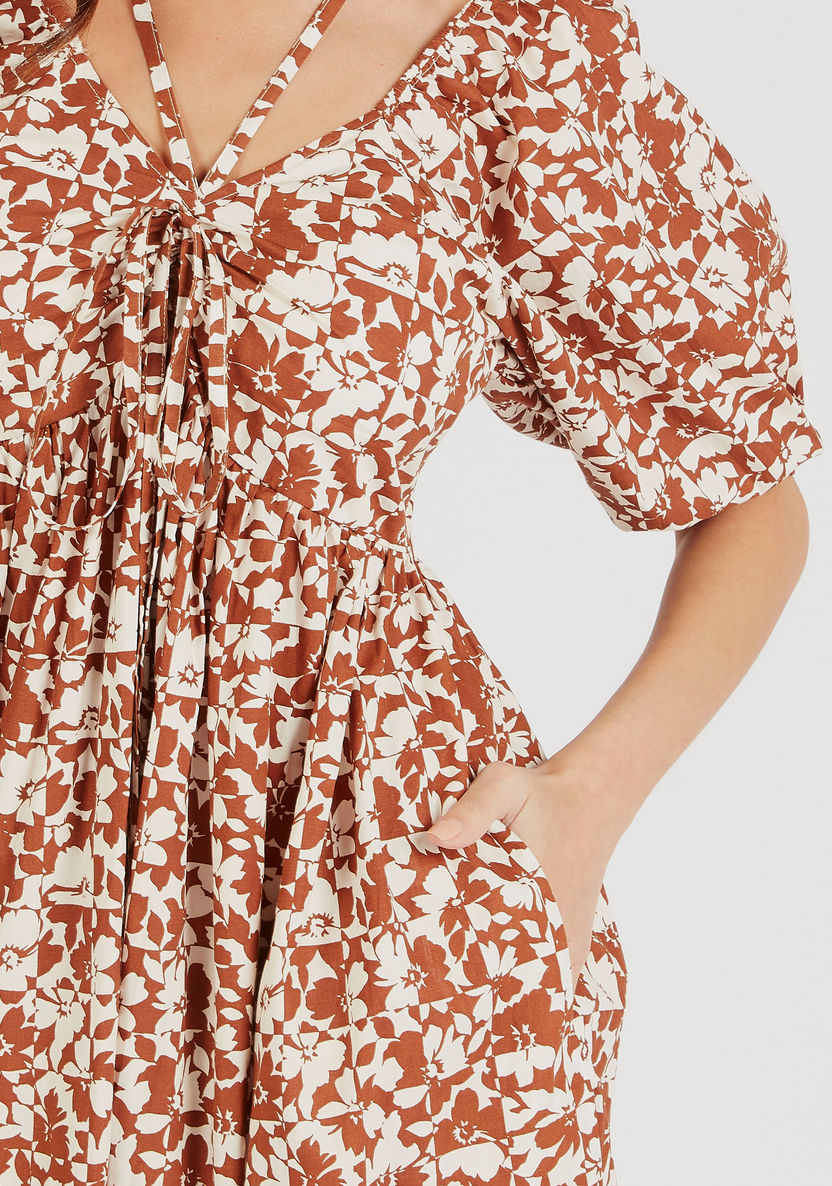 Floral Print Maxi A-line Dress with Puff Sleeves and Pockets-Dresses-image-4
