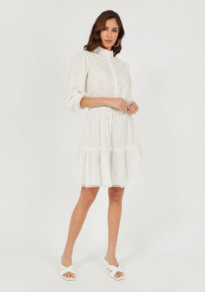 Embroidered Mini Tiered Dress with Long Sleeves and Button Closure-Dresses-image-1