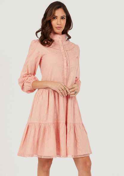 Embroidered Mini Tiered Dress with Long Sleeves and Button Closure-Dresses-image-0