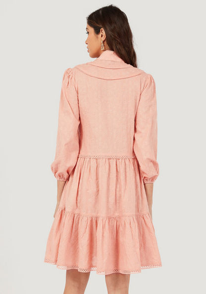 Embroidered Mini Tiered Dress with Long Sleeves and Button Closure-Dresses-image-3