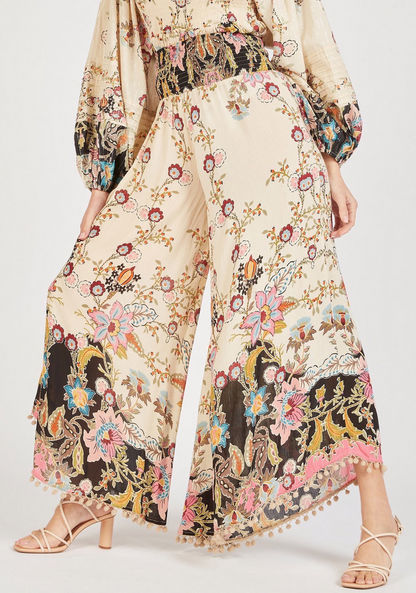 Floral Print Mid-Rise Palazzos with Shirred Waistband-Pants-image-0