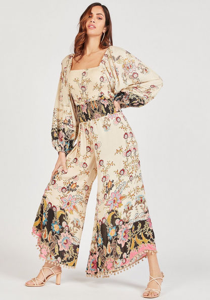 Floral Print Mid-Rise Palazzos with Shirred Waistband-Pants-image-5