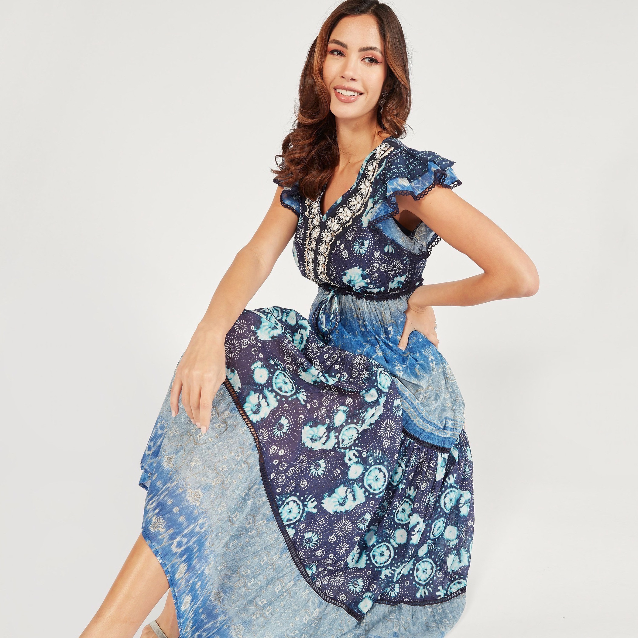 فستان طويل إيه لاين بياقة V رباط وأكمام قصيرة وطبعات-women-clothing-dresses-image-1