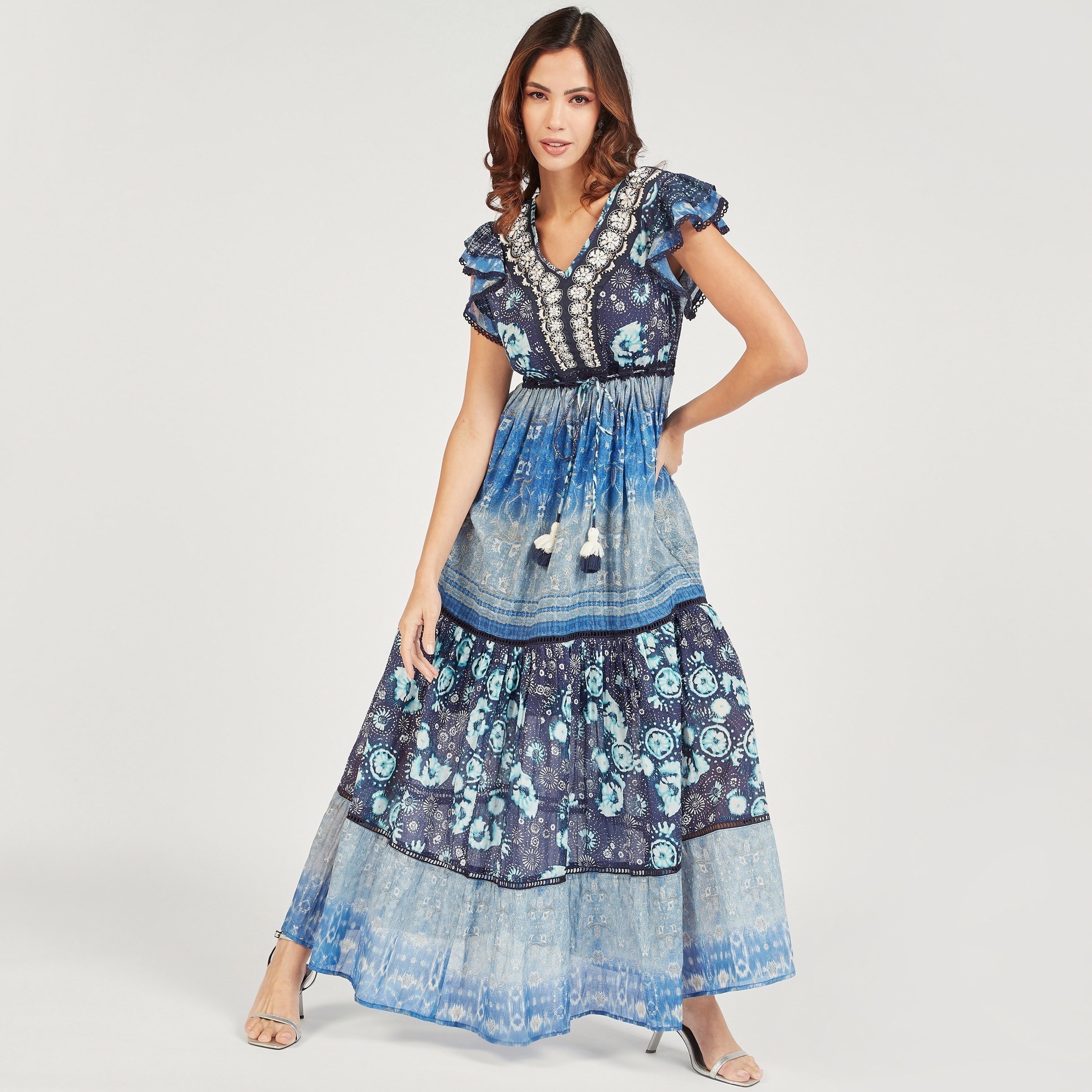 فستان طويل إيه لاين بياقة V رباط وأكمام قصيرة وطبعات-women-clothing-dresses-image-2