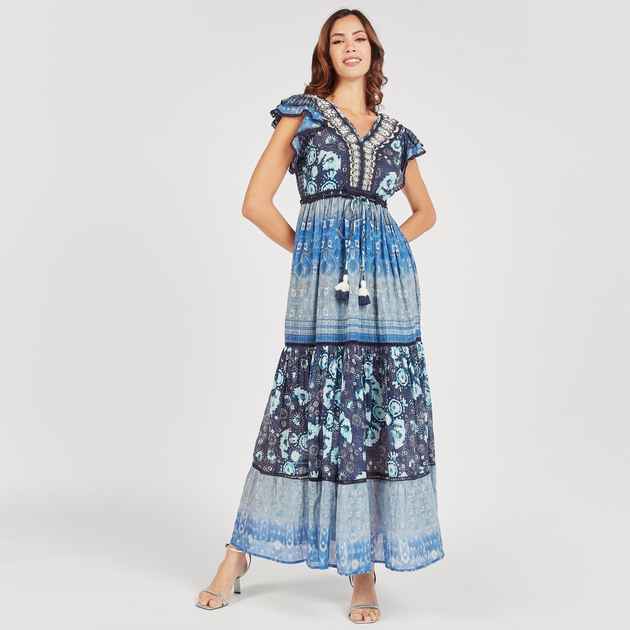 فستان طويل إيه لاين بياقة V رباط وأكمام قصيرة وطبعات-women-clothing-dresses-image-6
