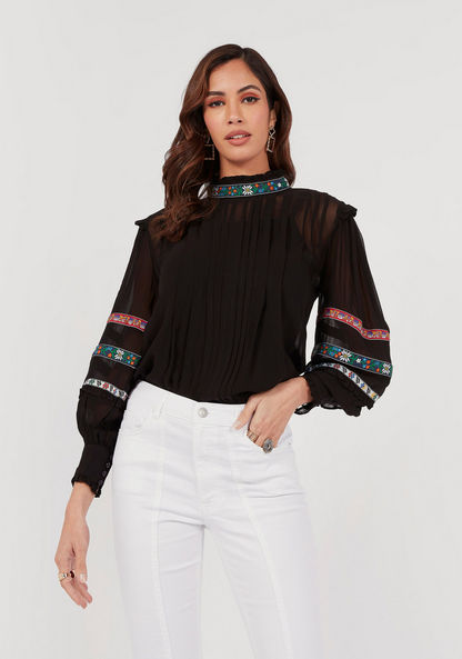 Embroidered High Neck Top with Bishop Sleeves and Button Closure-Shirts & Blouses-image-0