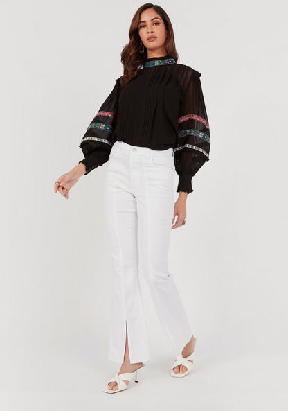 Embroidered High Neck Top with Bishop Sleeves and Button Closure-Shirts & Blouses-image-1