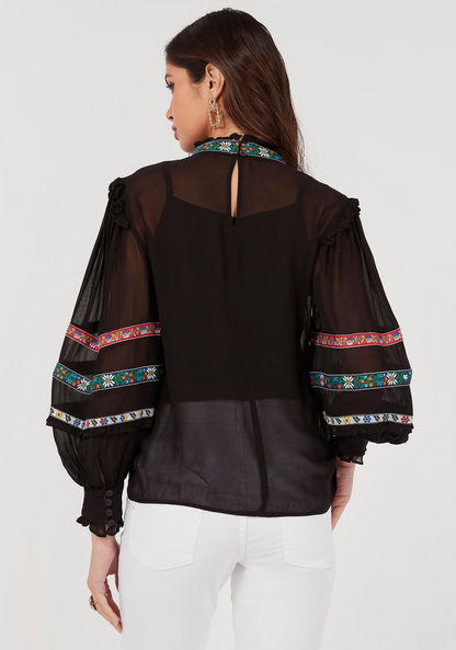 Embroidered High Neck Top with Bishop Sleeves and Button Closure-Shirts & Blouses-image-3