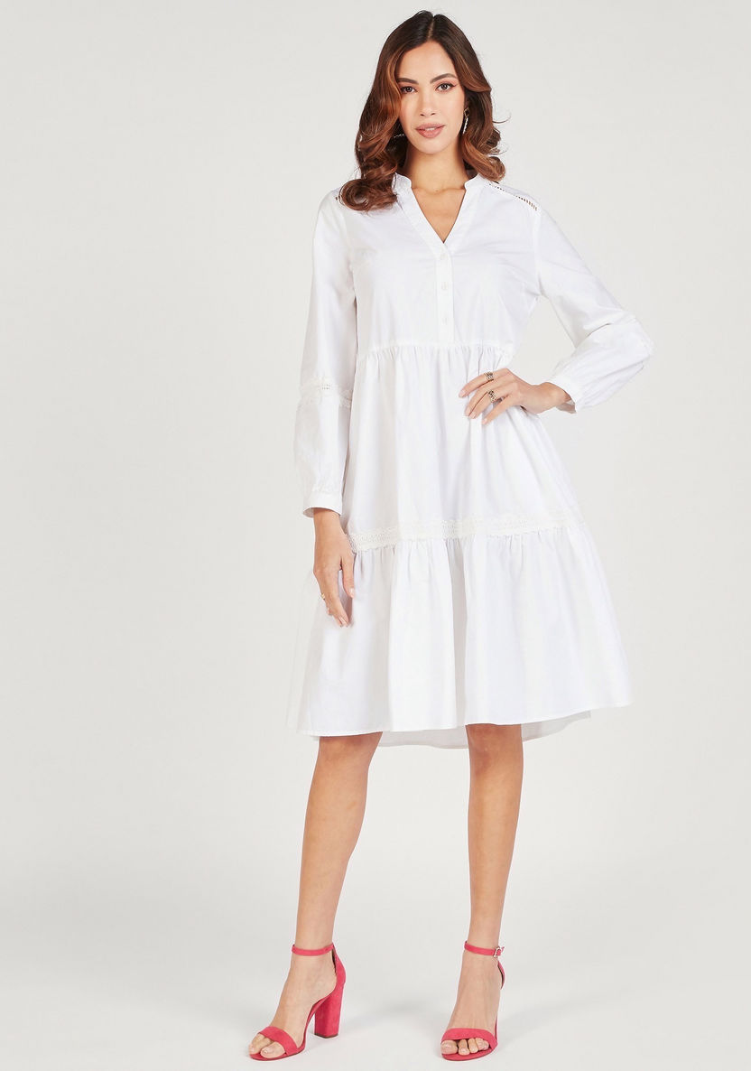 Solid Tiered Dress with Long Sleeves and Half Button Placket-Dresses-image-0
