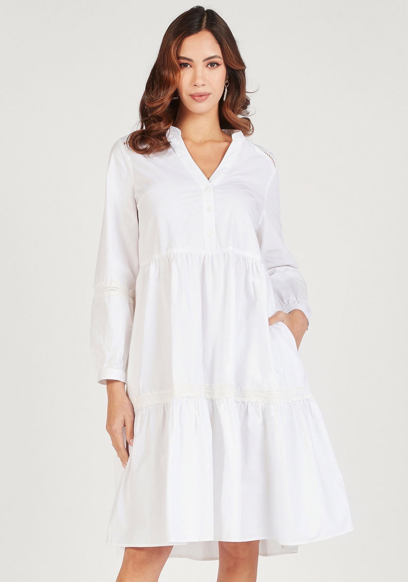 Solid Tiered Dress with Long Sleeves and Half Button Placket-Dresses-image-1