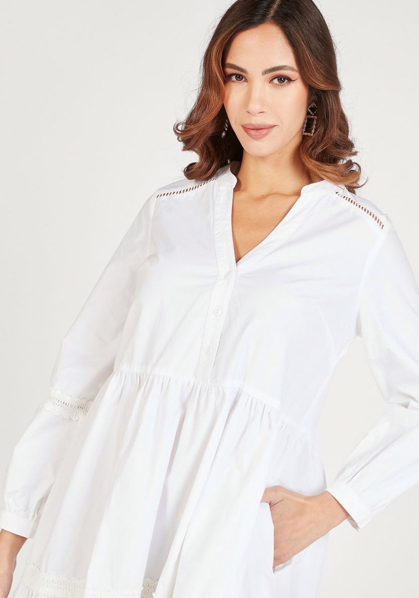 Solid Tiered Dress with Long Sleeves and Half Button Placket-Dresses-image-2