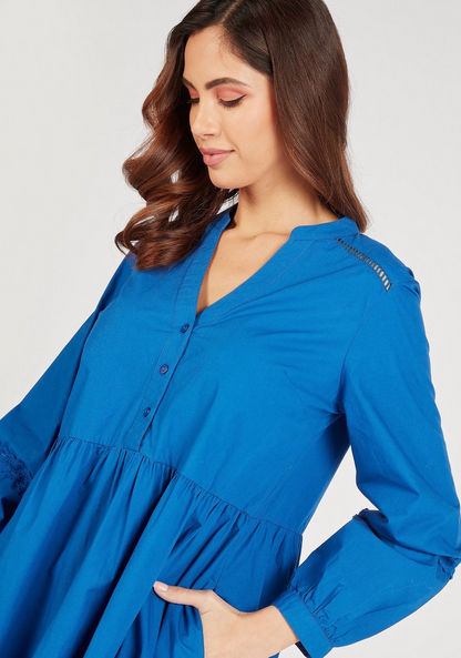 Solid Tiered Dress with Long Sleeves and Half Button Placket-Dresses-image-2