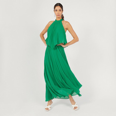 Solid Maxi Sleeveless Pleated Dress with Halter Neck