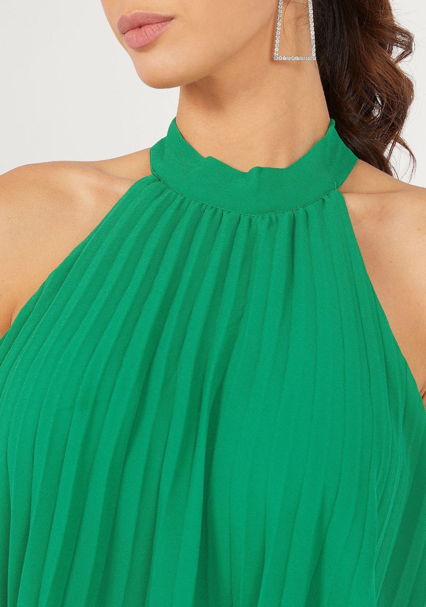 Solid Maxi Sleeveless Pleated Dress with Halter Neck-Dresses-image-2