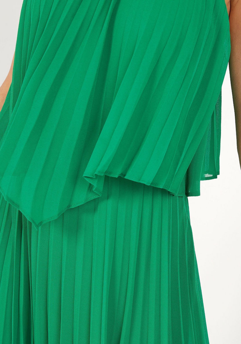 Solid Maxi Sleeveless Pleated Dress with Halter Neck-Dresses-image-4