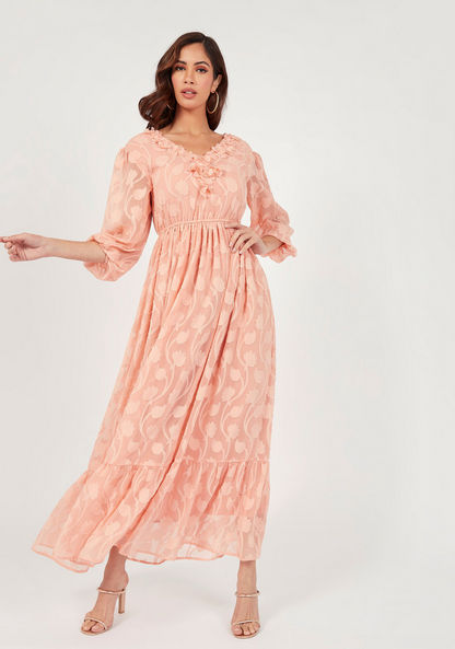 Textured Maxi A-line Dress with V-neck and Floral Detail-Dresses-image-1