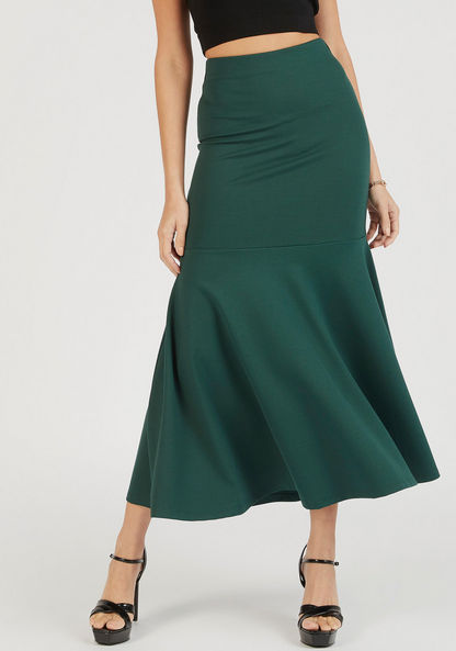Solid Midi A-line Skirt with Elasticated Waistband and Flared Hem-Skirts-image-0