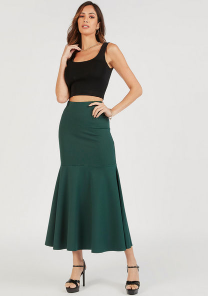 Solid Midi A-line Skirt with Elasticated Waistband and Flared Hem-Skirts-image-1