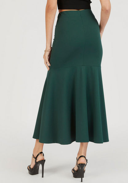 Solid Midi A-line Skirt with Elasticated Waistband and Flared Hem-Skirts-image-3