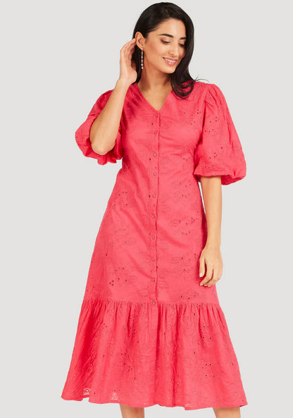 Embroidered Midi A-line Dress with Pockets and Button Closure-Dresses-image-0