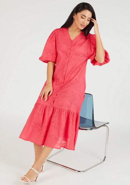 Embroidered Midi A-line Dress with Pockets and Button Closure-Dresses-image-1