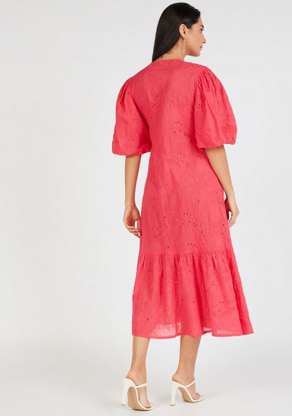 Embroidered Midi A-line Dress with Pockets and Button Closure-Dresses-image-3