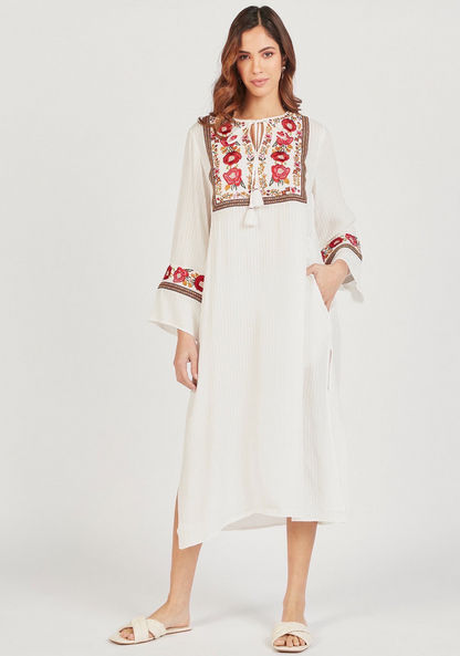 Embroidered Tunic with Keyhole Neck and Pockets-Tops-image-2