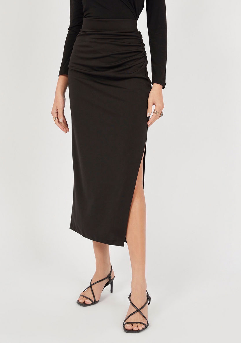 Solid Midi Pencil Skirt with Ruched and Slit Detail-Skirts-image-0