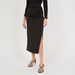 Solid Midi Pencil Skirt with Ruched and Slit Detail-Skirts-thumbnailMobile-0