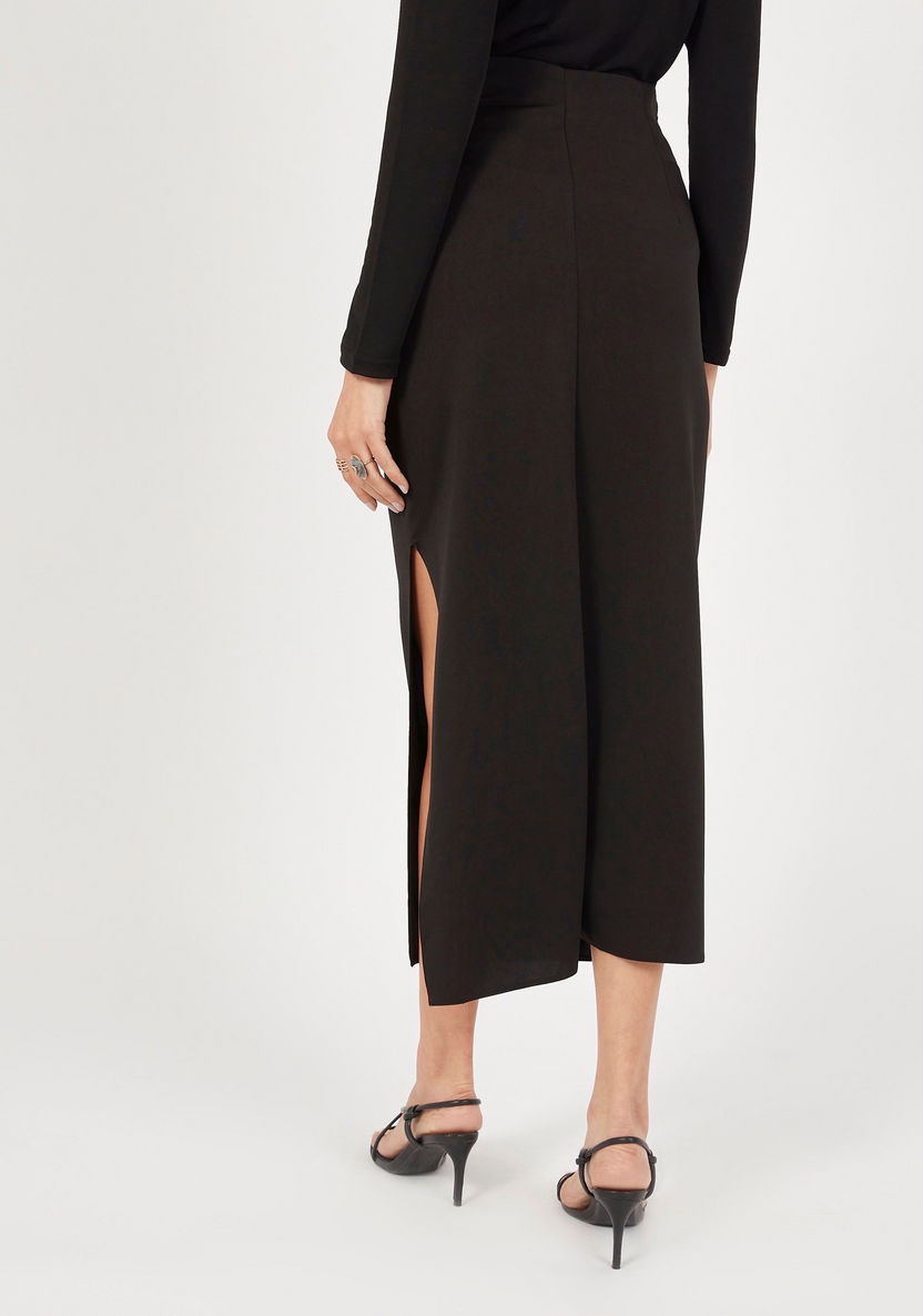 Solid Midi Pencil Skirt with Ruched and Slit Detail-Skirts-image-3