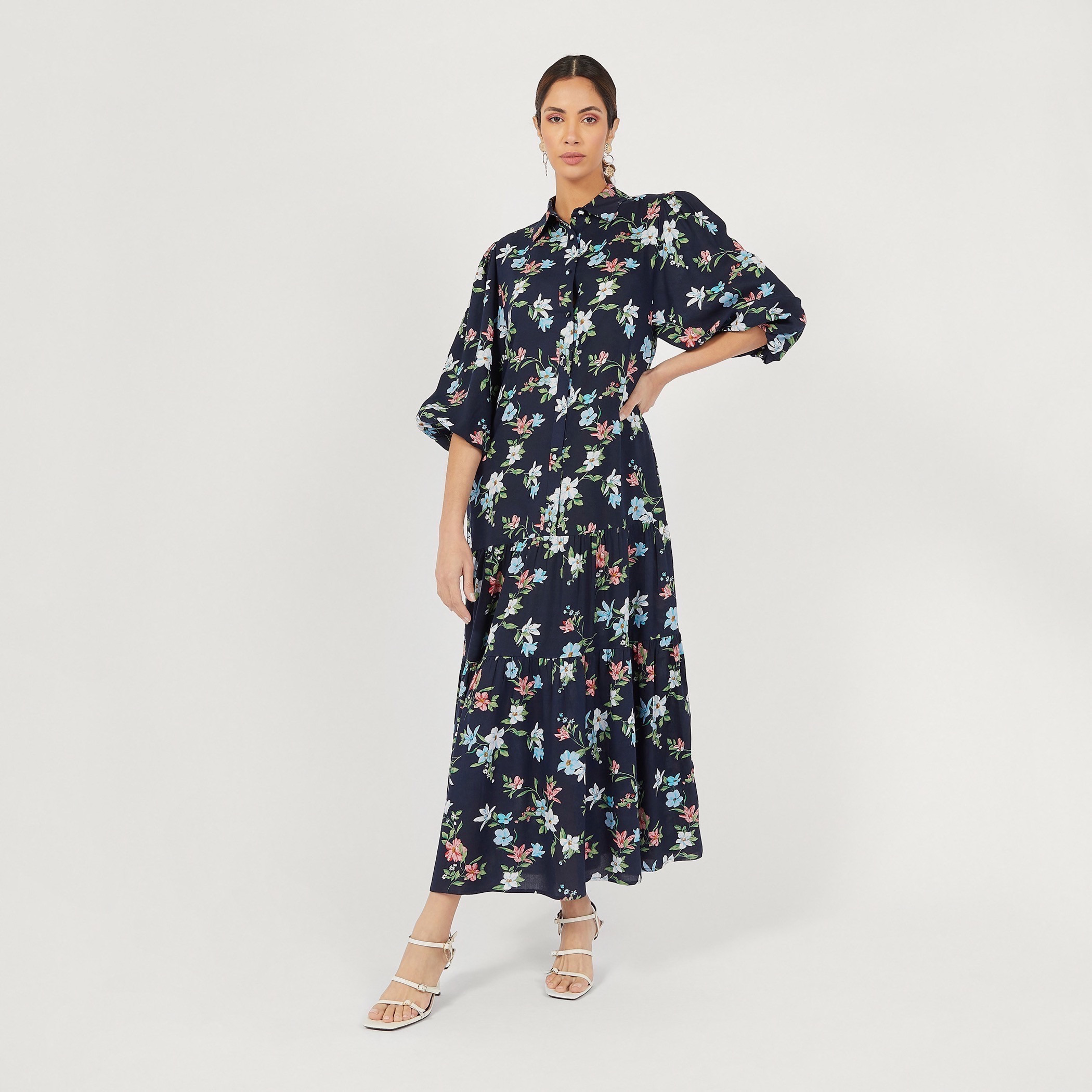 فستان تنورة طويل بطبعات أزهار وأكمام 3/4 وزر إغلاق-women-clothing-dresses-image-1