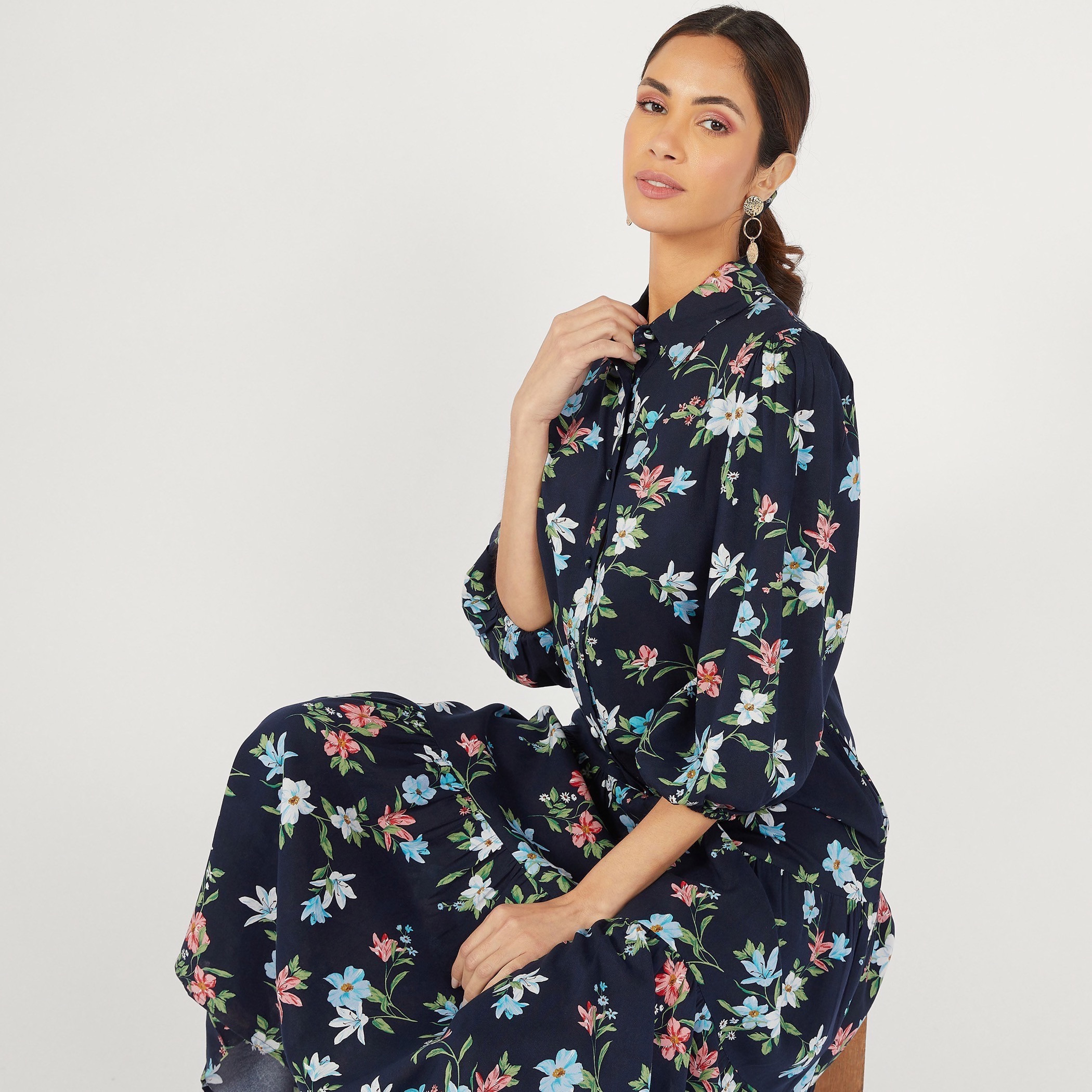 فستان تنورة طويل بطبعات أزهار وأكمام 3/4 وزر إغلاق-women-clothing-dresses-image-2